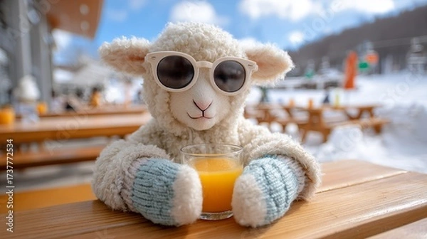 Fototapeta Cute plush sheep wearing sunglasses enjoys a drink on a snowy day in the mountains