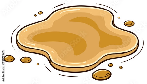 Fototapeta Spilled liquid illustration with drops: golden cartoon honey or caramel puddle on floor, isolated on white, stain