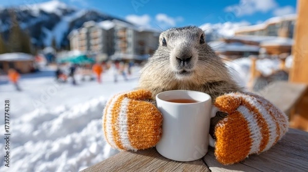 Fototapeta Marmot enjoying warm drink in cozy mittens by snowy mountain resort during winter day
