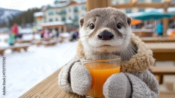 Fototapeta Otter enjoying a drink in a winter resort surrounded by snow and people having fun outdoors