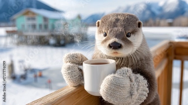 Fototapeta Adorable otter enjoying a warm drink on a winter day in a snowy town setting with mountains in the background