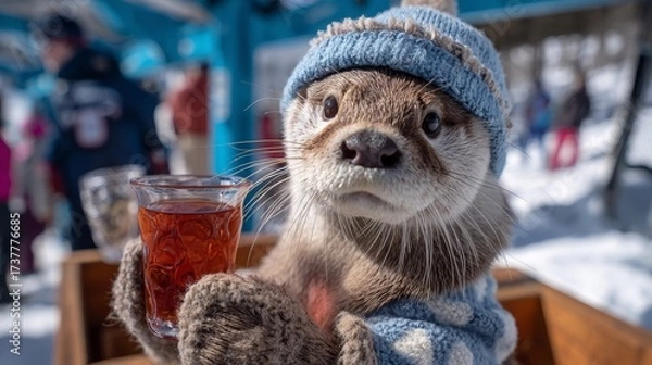 Fototapeta Cute otter enjoys warm drink at snowy winter festival in a mountain setting during a sunny day