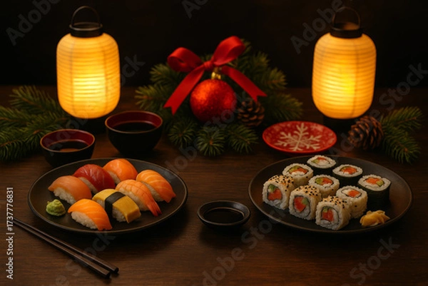 Fototapeta Christmas dinner table with sushi, pine branches and Japanese lanterns