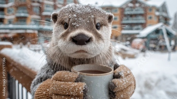 Fototapeta Charming otter enjoys warm drink outside in snowy winter setting with cozy mountain lodge in background