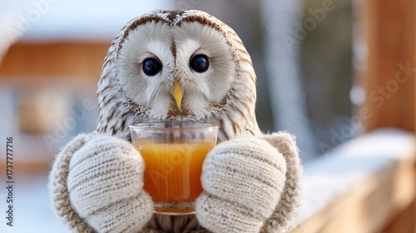 Fototapeta Owl holds warm drink while wearing cozy mittens in snowy outdoor setting during winter