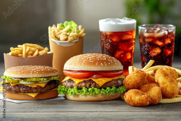 Fototapeta Juicy burgers with lettuce, tomato, and cheese, paired with crispy fries and refreshing drinks, served in a casual setting