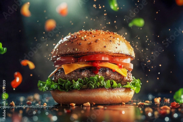 Fototapeta Thick grilled burger with melted cheese, crisp lettuce, fresh tomatoes, and sauces served against a dark background