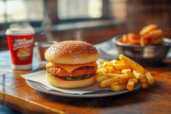 Fototapeta A delicious crispy chicken burger with cheese sits on a plate next to golden fries and a warm drink, all set on a wooden table