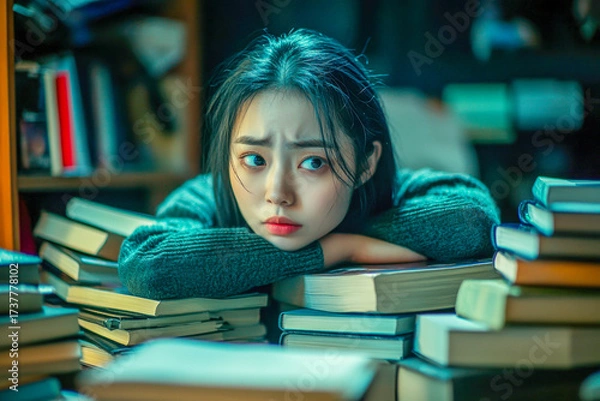 Fototapeta A young woman sits thoughtfully at a table piled with books in a cozy room, lost in contemplation as she studies her surroundings