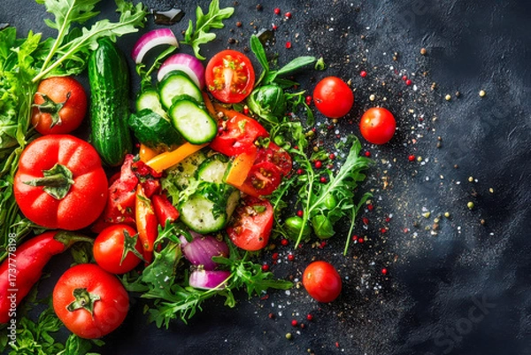 Fototapeta A mix of fresh tomatoes, cucumbers, bell peppers, and herbs are laid out on a dark surface with spices sprinkled around