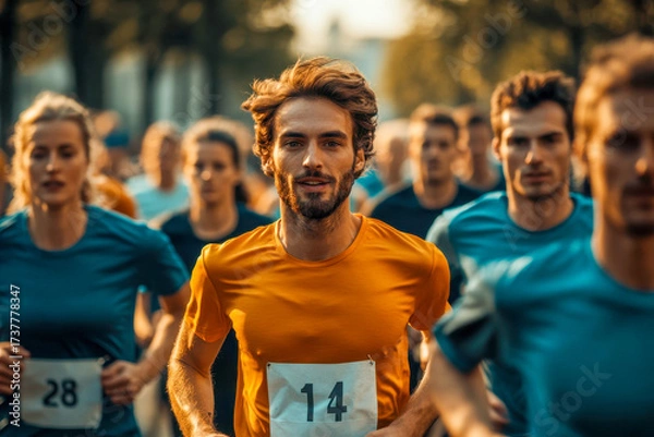 Fototapeta Runners of various ages compete in a marathon as the sun sets, creating a vibrant atmosphere in a city park