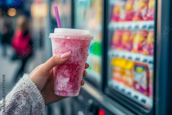 Fototapeta A hand holds a cold frozen drink while standing in front of a vending machine filled with snacks and beverages on a busy street