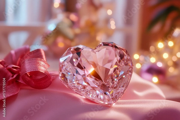 Fototapeta A sparkling crystal heart rests on pink fabric, surrounded by soft lights and festive decorations, perfect for a celebration or gift