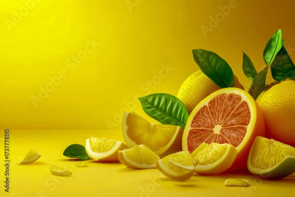 Fototapeta Citrus fruits are displayed elegantly with slices and green leaves on a bright yellow backdrop, creating a lively atmosphere