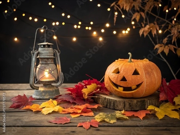Obraz Halloween pumpkin lantern and autumn leaves on wood