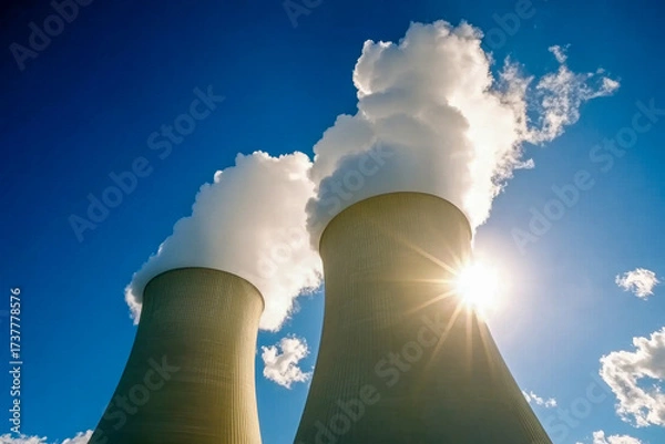 Fototapeta Cooling towers send out steam against a clear blue sky, highlighting the energy generation process on a sunny day