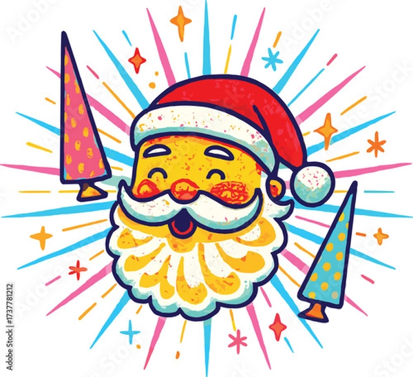 Fototapeta Cheerful Santa Claus vector illustration, vibrant festive design with stars, sparkles, Christmas trees, joyful expression and colorful holiday celebration elements