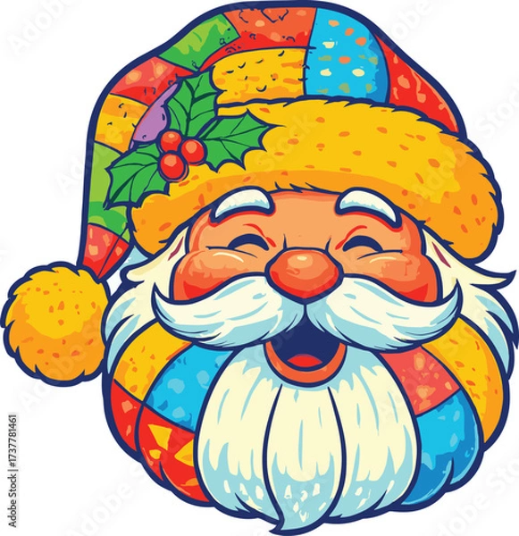 Fototapeta Cheerful Santa Claus vector illustration, vibrant holiday design with multicolored hat, holly leaves, stylized beard, joyful expression for festive Christmas content