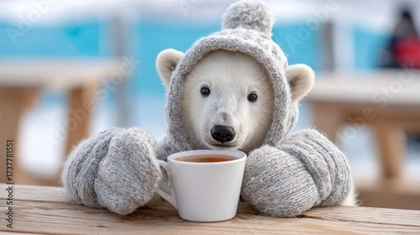 Fototapeta Polar bear cub in cozy sweater enjoying tea on a cold day in a snowy setting