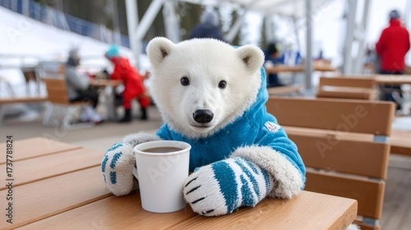 Fototapeta Polar bear cub enjoys warm drink while sitting at a ski resort during winter