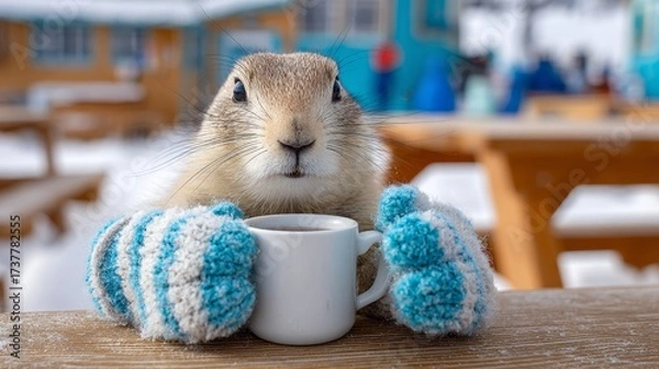 Fototapeta Rabbit enjoying warm drink at outdoor cafe during winter season in snowy landscape with colorful buildings