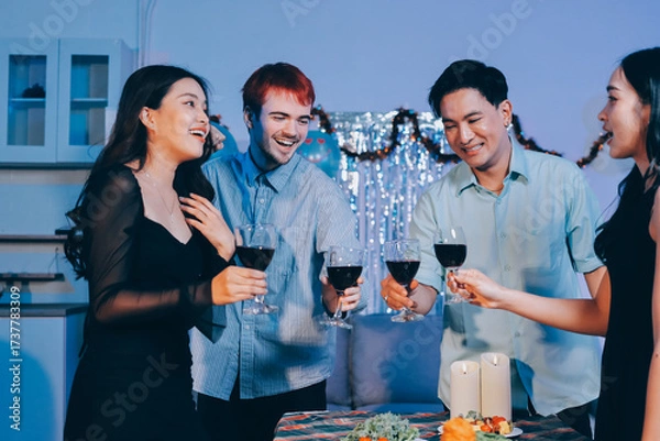Fototapeta Diversity, dinner and group of people toast celebration together at party. Friends, happy and celebrate with food, wine and friendship for love, support and cheers champagne at business function