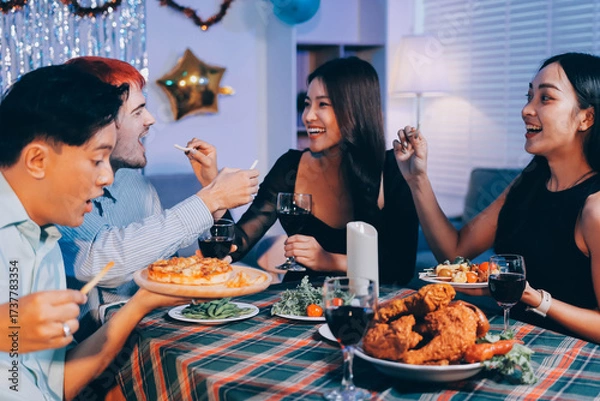 Fototapeta Diversity, dinner and group of people toast celebration together at party. Friends, happy and celebrate with food, wine and friendship for love, support and cheers champagne at business function