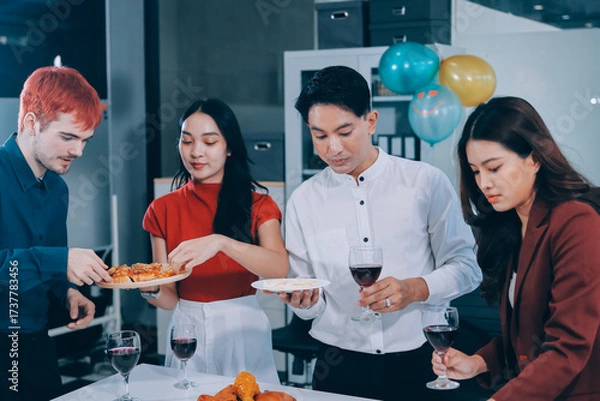 Fototapeta Diversity, dinner and group of people toast celebration together at party. Friends, happy and celebrate with food, wine and friendship for love, support and cheers champagne at business function