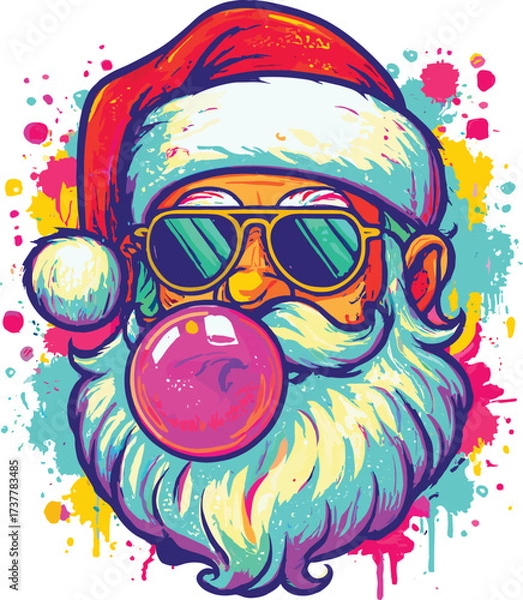 Fototapeta Graffiti-style Santa Claus vector illustration, colorful pop art design with bubble gum, sunglasses, multicolored beard, perfect for modern festive content