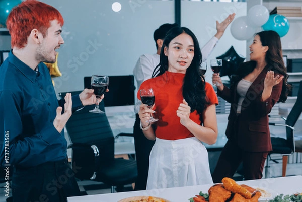 Fototapeta Diversity, dinner and group of people toast celebration together at party. Friends, happy and celebrate with food, wine and friendship for love, support and cheers champagne at business function
