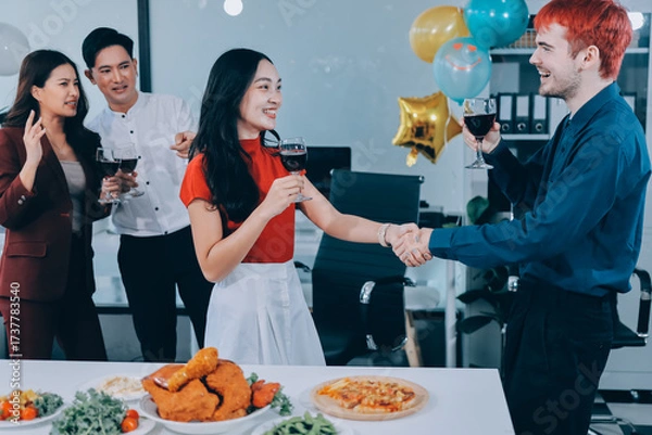 Fototapeta Diversity, dinner and group of people toast celebration together at party. Friends, happy and celebrate with food, wine and friendship for love, support and cheers champagne at business function