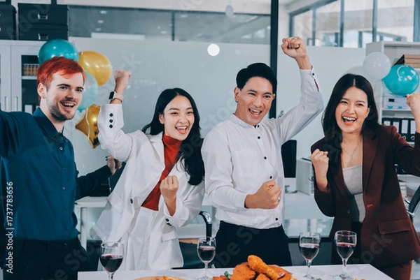Fototapeta Diversity, dinner and group of people toast celebration together at party. Friends, happy and celebrate with food, wine and friendship for love, support and cheers champagne at business function