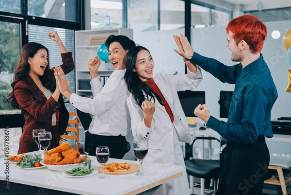 Fototapeta Diversity, dinner and group of people toast celebration together at party. Friends, happy and celebrate with food, wine and friendship for love, support and cheers champagne at business function