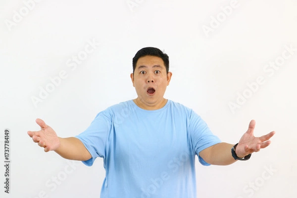 Fototapeta Surprised Man with Open Mouth and Raised Arms show shocked expression