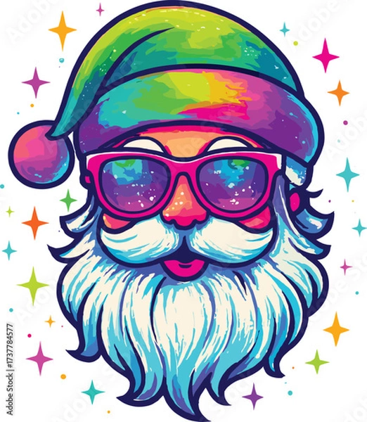 Fototapeta Psychedelic Santa Claus vector illustration, festive design with rainbow hat, colorful sunglasses, white beard, and multicolored stars for holiday content