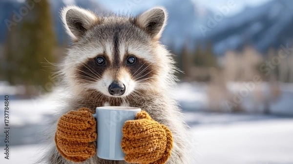 Fototapeta Raccoon enjoying a warm drink in a snowy mountain landscape during winter afternoon