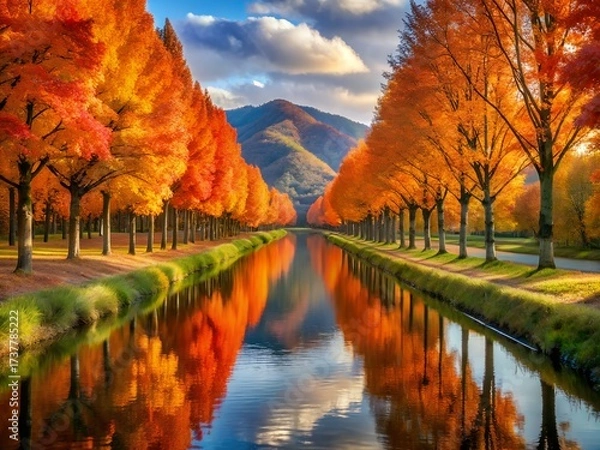 Obraz Treelined canal reflecting autumn foliage and mountains
