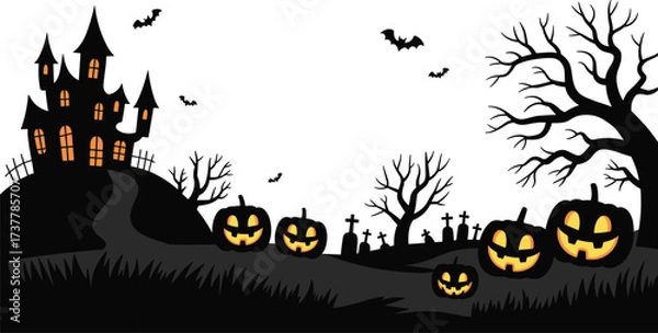 Fototapeta Spooky Halloween haunted house vector, eerie graveyard scene with jack-o'-lanterns, bats, twisted trees, glowing windows, perfect for festive seasonal content