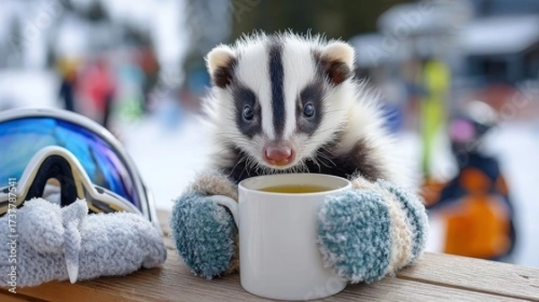 Fototapeta Cute badger enjoying warm drink at ski resort during winter season