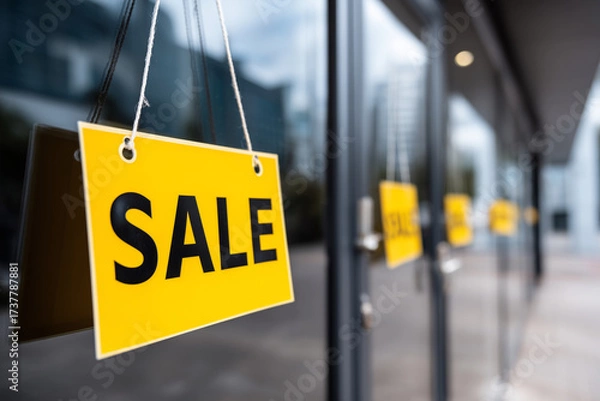 Fototapeta Professional photograph of small business store with sale signs but empty customers during downturn