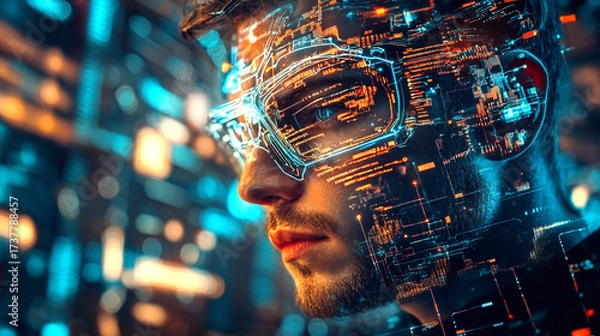 Fototapeta a cyber man wearing advanced glasses, symbolizing AI and cutting-edge technology. blockchain future tech concept. futuristic AI portrait digital identity