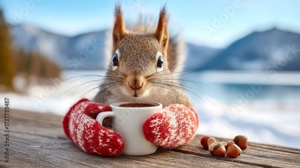 Fototapeta Squirrel enjoys a warm drink while sitting on a wooden table surrounded by nature in winter scenery
