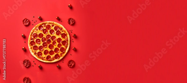 Fototapeta a whole pizza, topped generously with sausage and bright red tomato on red background with copy space. close-up Italian food banner. sausage and tomato pizza banner