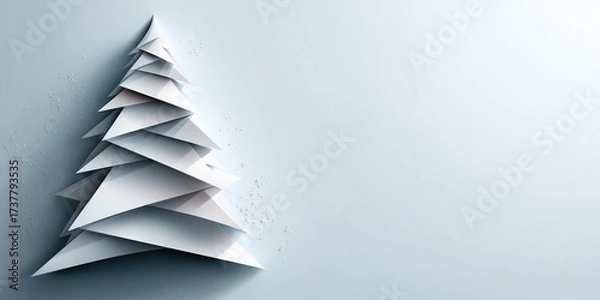 Fototapeta Minimalist, abstract 3D paper craft style Christmas tree made of layered white triangles with shadows on a pale blue background with copy space.
