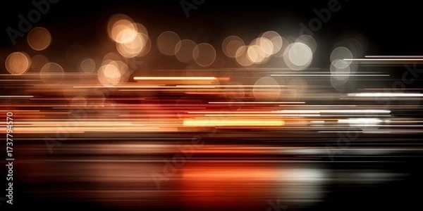 Fototapeta Abstract background of horizontal light trails and golden bokeh effects on a dark background, representing speed, motion, and technology.