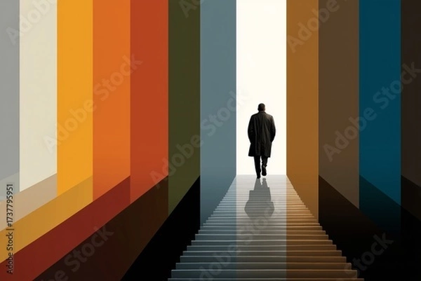 Fototapeta Conceptual image of a man in a long coat walking up a set of stairs towards a bright white light between vertical columns of various colors.