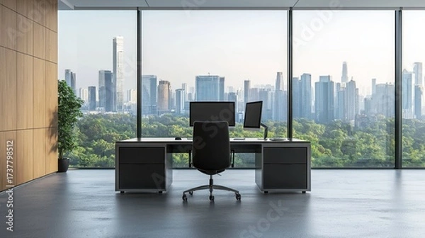 Obraz Modern office desk city view