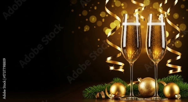 Fototapeta Two tall champagne flutes filled with sparkling golden champagne stand side by side in the right half of the frame