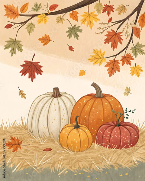 Fototapeta Generous autumn still life: colorful pumpkins of various shapes and sizes are arranged on the hay