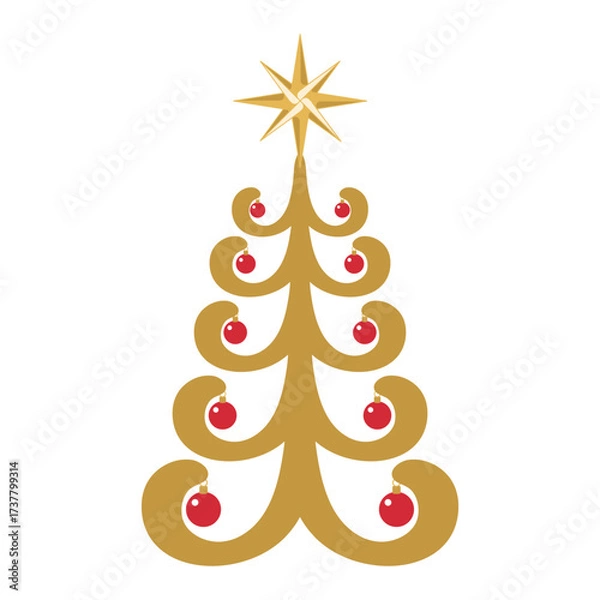 Fototapeta Stylized Modern Golden Christmas Tree with Curvy Branches, Red Ornaments, and Star Topper